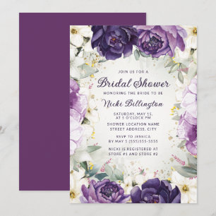 Romantic Purple White Floral Glitter Bridal Shower Invitation