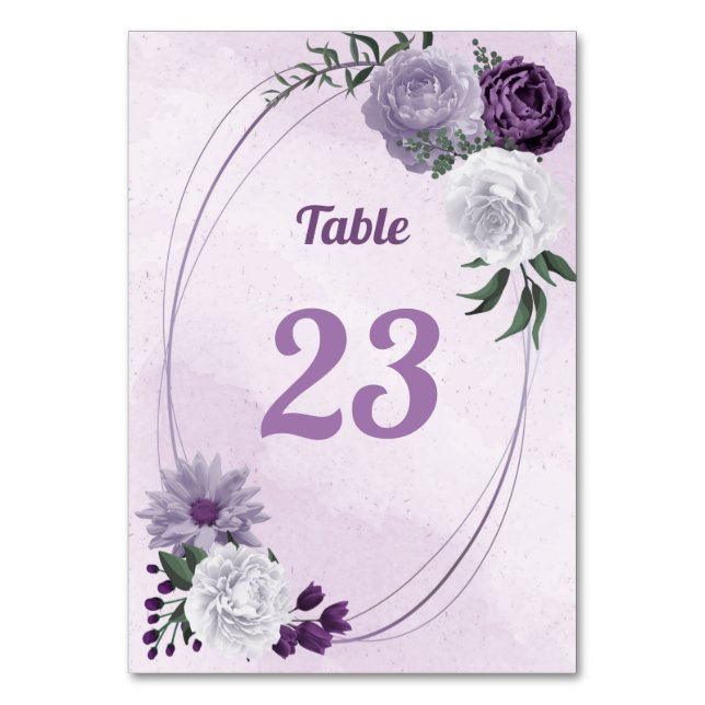 Romantic purple & white floral greenery  table number (Front)