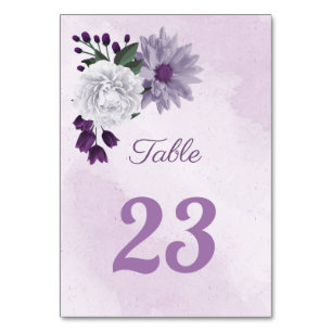 Romantic purple & white floral greenery table number