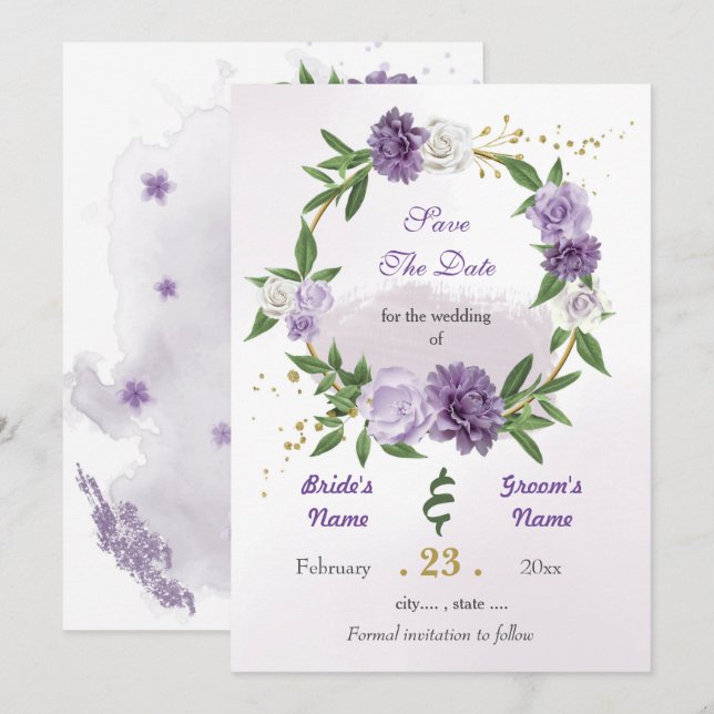 Romantic purple white flowers gold wreath save the date (Front/Back)