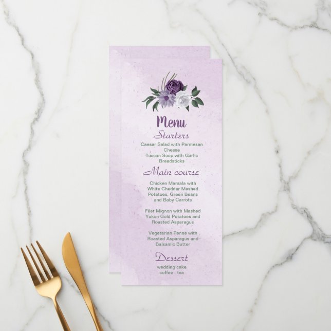 romantic purple white flowers green leaves menu (Front/Back In Situ)