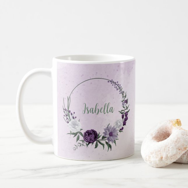 Romantic purple white flowers greenery coffee mug (With Donut)