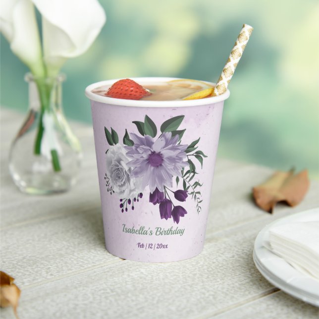 Romantic purple white flowers greenery paper cups (Insitu)