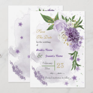 Romantic purple white flowers greenery save the date