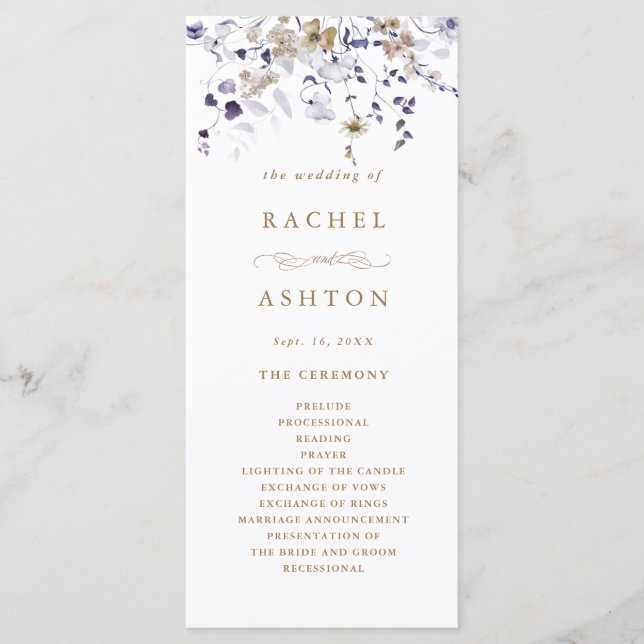 Romantic Purple White Gold Floral Wedding Ceremony Programme (Front)