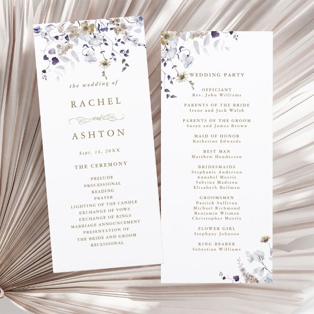 Romantic Purple White Gold Floral Wedding Ceremony Programme (Front & Back)