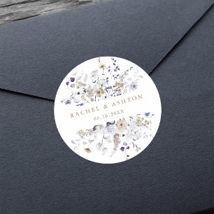 Romantic Purple White Gold Floral Wedding Classic Round Sticker