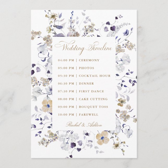 Romantic Purple White Gold Floral Wedding Timeline Programme (Front)