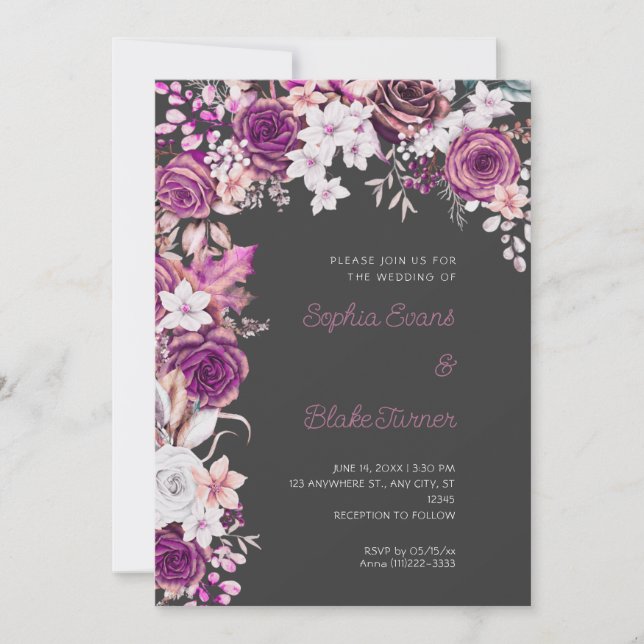 Romantic Purple & White Roses Shadow Grey Wedding Invitation (Front)