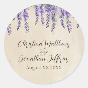Romantic Purple Wisteria on Rustic Parchment Classic Round Sticker