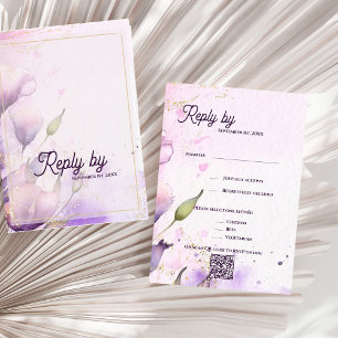 Romantic QR Code Lavender Gold Floral Wedding RSVP Card