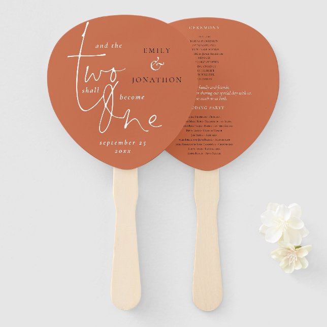 Romantic Quote Terracotta Script Wedding Program Hand Fan (Front and Back)