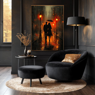 Romantic Rain Stroll in Charcoal Tones Poster