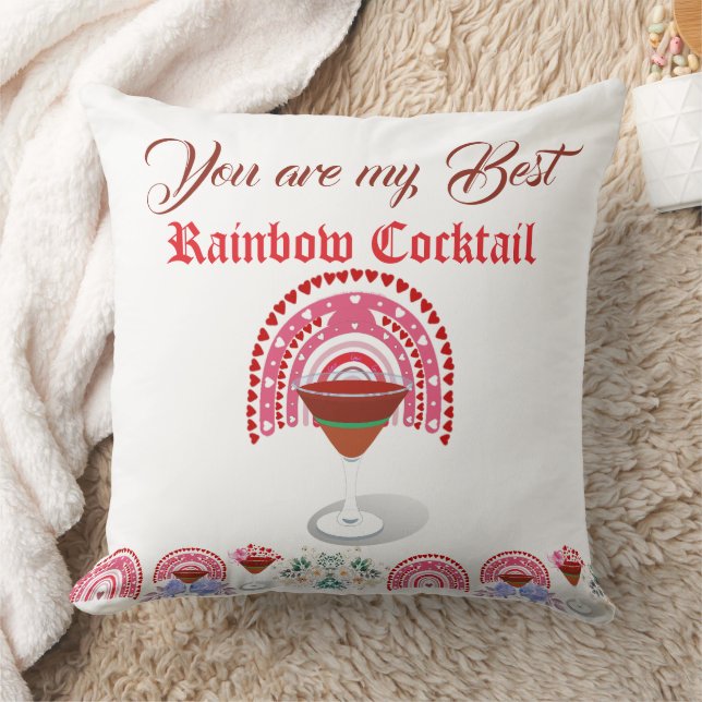 Romantic Rainbow Cocktail Valentine Hearts Floral  Cushion (Blanket)