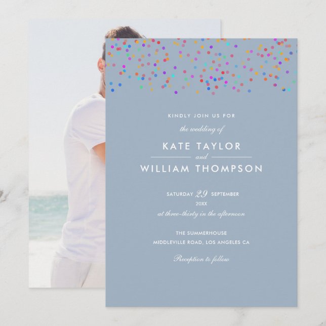 Romantic Rainbow Confetti Dusty Blue Photo Wedding Invitation (Front/Back)