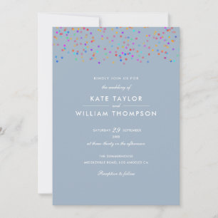 Romantic Rainbow Confetti Dusty Blue Wedding Invitation