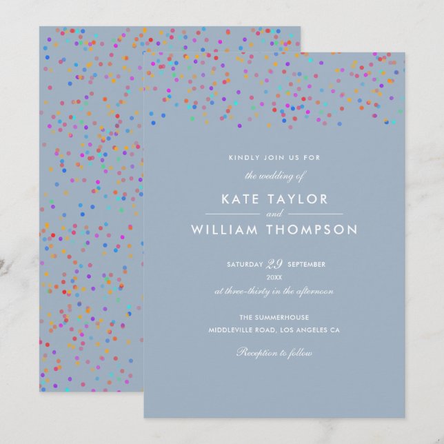 Romantic Rainbow Confetti Dusty Blue Wedding Invitation (Front/Back)