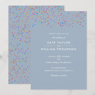 Romantic Rainbow Confetti Dusty Blue Wedding Invitation