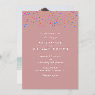 Romantic Rainbow Confetti Dusty Rose Photo Wedding Invitation
