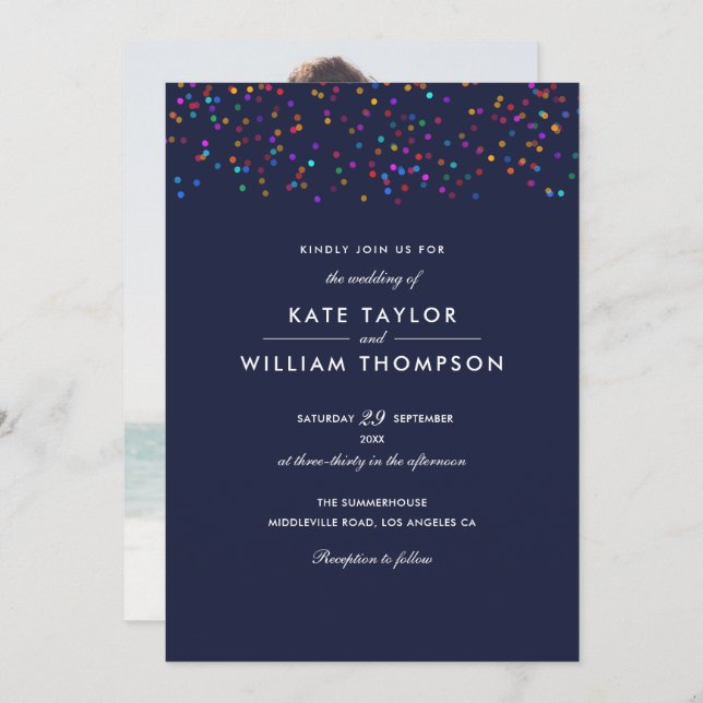 Romantic Rainbow Confetti Navy Blue Photo Wedding Invitation (Front/Back)