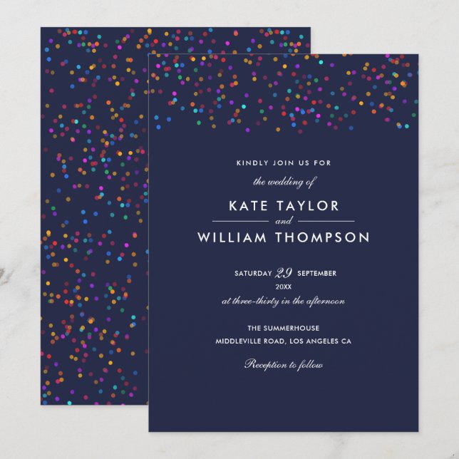 Romantic Rainbow Confetti Navy Blue Wedding Invitation (Front/Back)