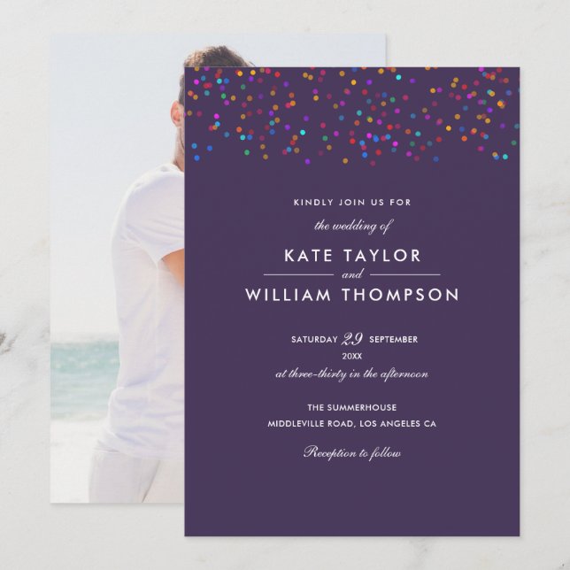 Romantic Rainbow Confetti Purple Photo Wedding Invitation (Front/Back)