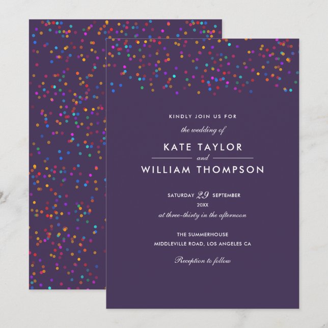 Romantic Rainbow Confetti Purple Wedding Invitation (Front/Back)