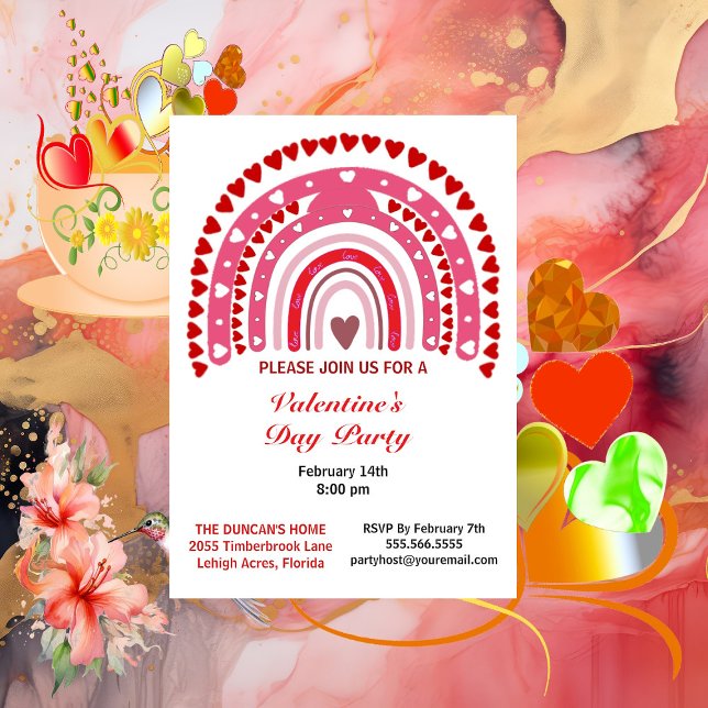 Romantic Rainbow Valentines Day Hearts Party  Invitation (Romantic Rainbow Valentines Day Hearts Party Invitation)