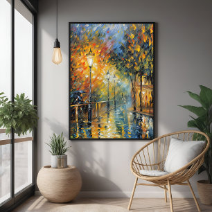 Romantic Rainy Evening Street Scene Impressionist  Poster
