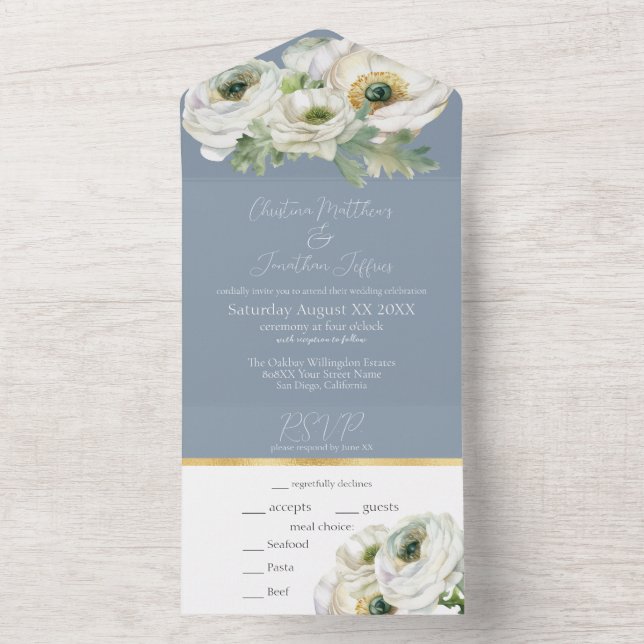 Romantic Ranunculus on Dusty Blue All In One Invitation (Inside)