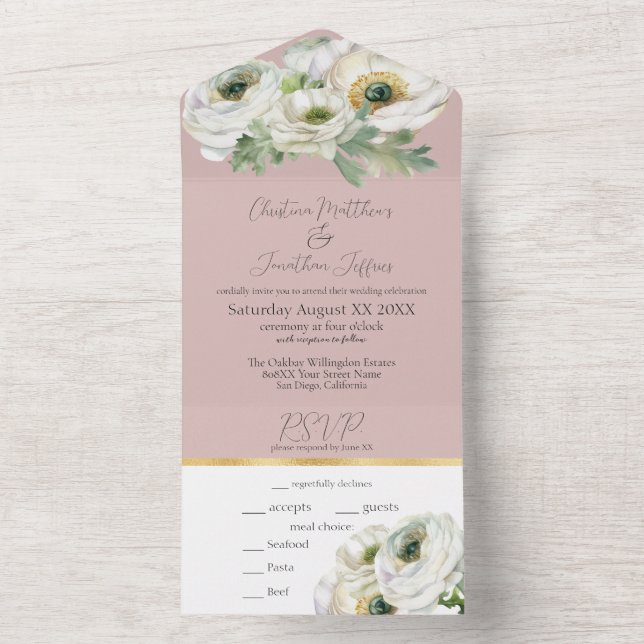 Romantic Ranunculus on Dusty Pink Blush All In One Invitation (Inside)