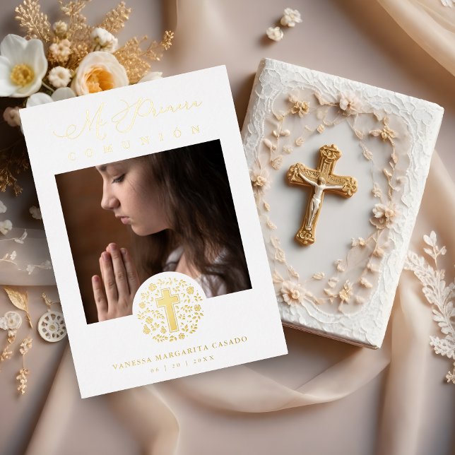 Romantic Real Golden Floral Wreath Photo (Romantic Real Golden Floral Wreath Photo Metallic Foil Mi Primera Comunión Spanish Invitation Card.)