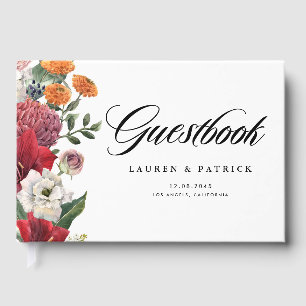 Romantic Red Amaryllis and Autumn Florals Wedding Guest Book