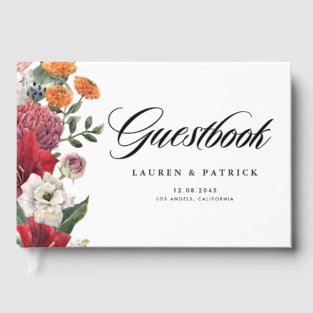 Romantic Red Amaryllis and Autumn Florals Wedding Guest Book (Front)