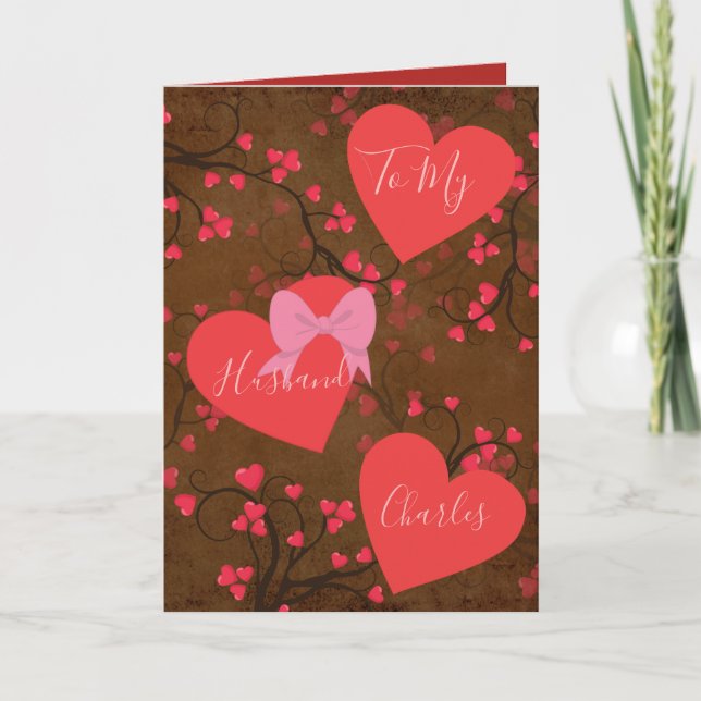 Romantic Red and Brown To My Husband on Valentine Holiday Card (Front)