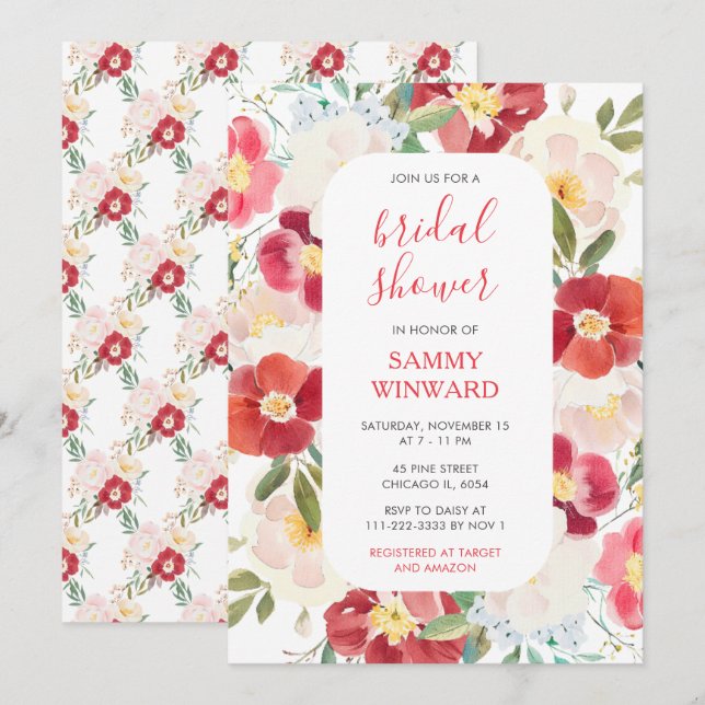 Romantic Red and Cream Flowers Bridal Shower Invitation (Front/Back)