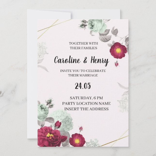 Romantic Red and Green Elegant Wedding Invitation (Front)