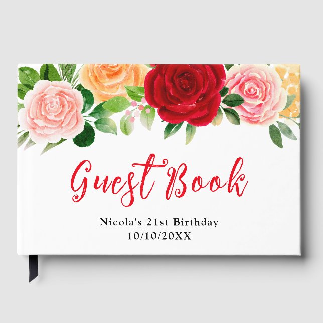 Romantic Red and Orange Roses Birthday  Guest Book (Front)