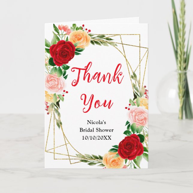 Romantic Red and Orange Roses Bridal Shower Thank You Card (Front)
