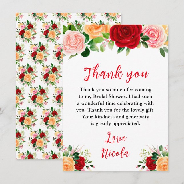 Romantic Red and Orange Roses Bridal Shower Thank You Card (Front/Back)