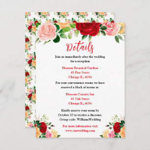 Romantic Red and Orange Roses Wedding Details Enclosure Card