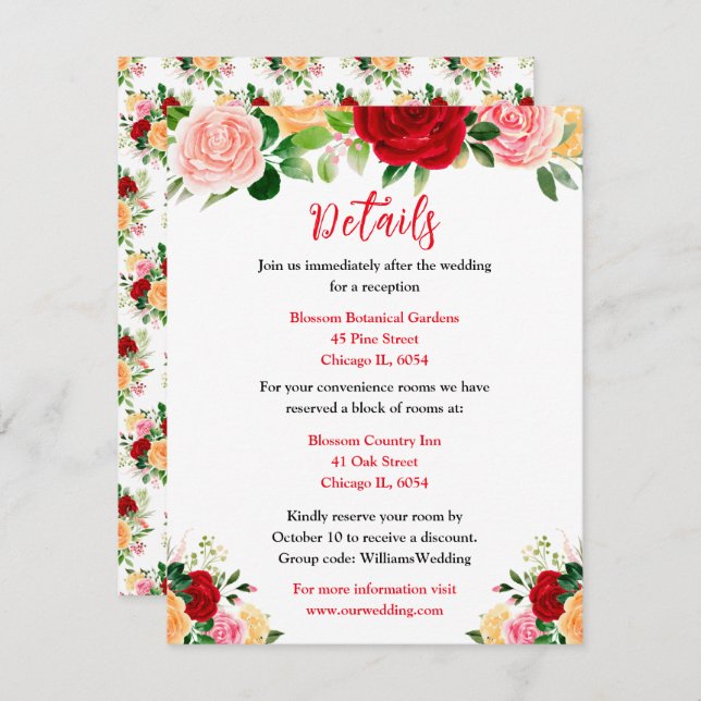 Romantic Red and Orange Roses Wedding Details Enclosure Card (Front/Back)