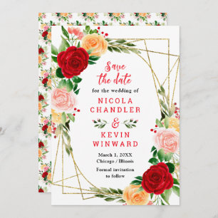 Romantic Red and Orange Roses Wedding Save The Date
