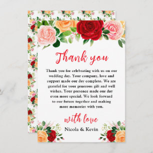 Romantic Red and Orange Roses Wedding Thank You Card