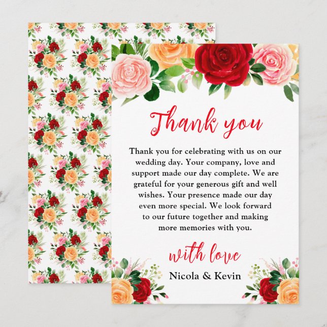 Romantic Red and Orange Roses Wedding Thank You Card (Front/Back)