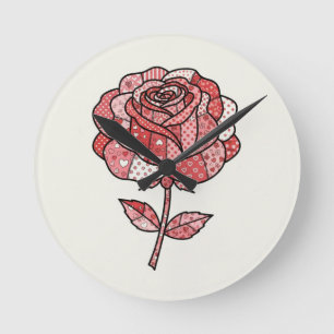Romantic Red and Pink Patchwork Rose Illustration Round Clock
