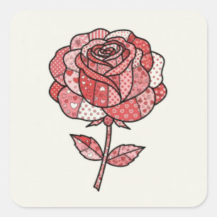 Romantic Red and Pink Patchwork Rose Illustration Square Sticker