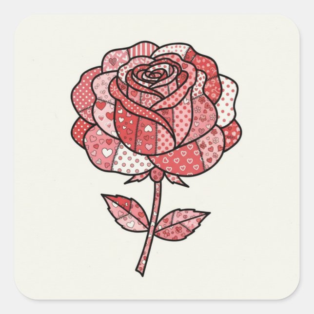 Romantic Red and Pink Patchwork Rose Illustration Square Sticker (Front)