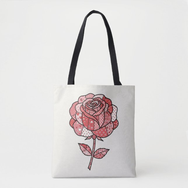 Romantic Red and Pink Patchwork Rose Illustration Tote Bag (Front)