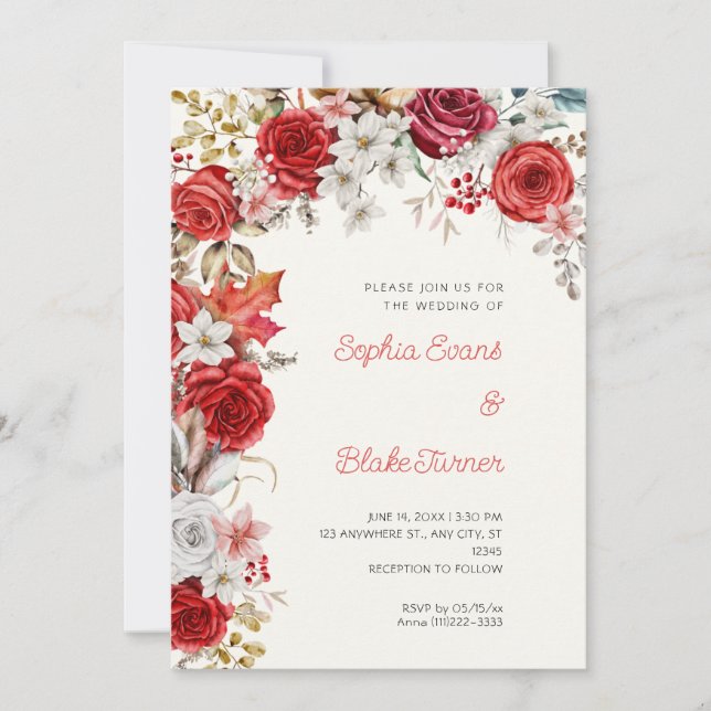 Romantic Red and White Roses White Cream Wedding Invitation (Front)
